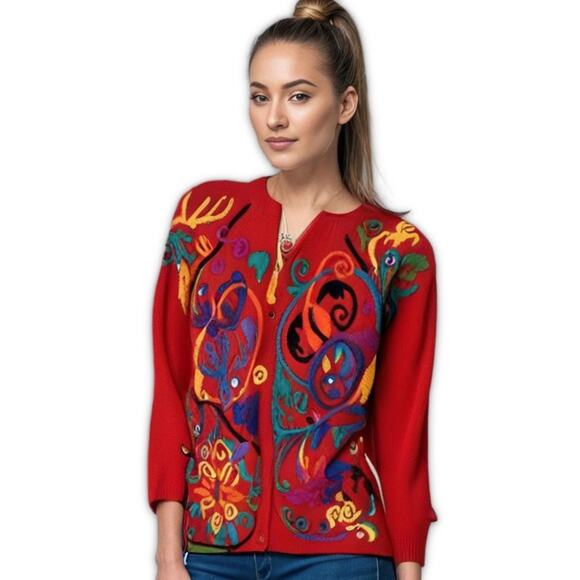 Kitty Hawk Cardigan Sweater Women’s M Red Ramie Knit Vintage Vivian Wang - Picture 1 of 10